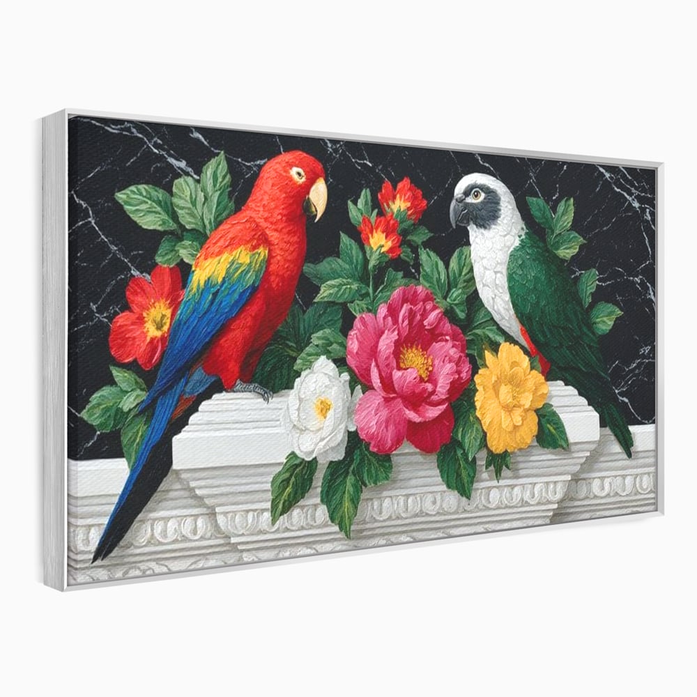 Tablou canvas cu pictura cu papagali si flori, in rama de aluminiu argintiu